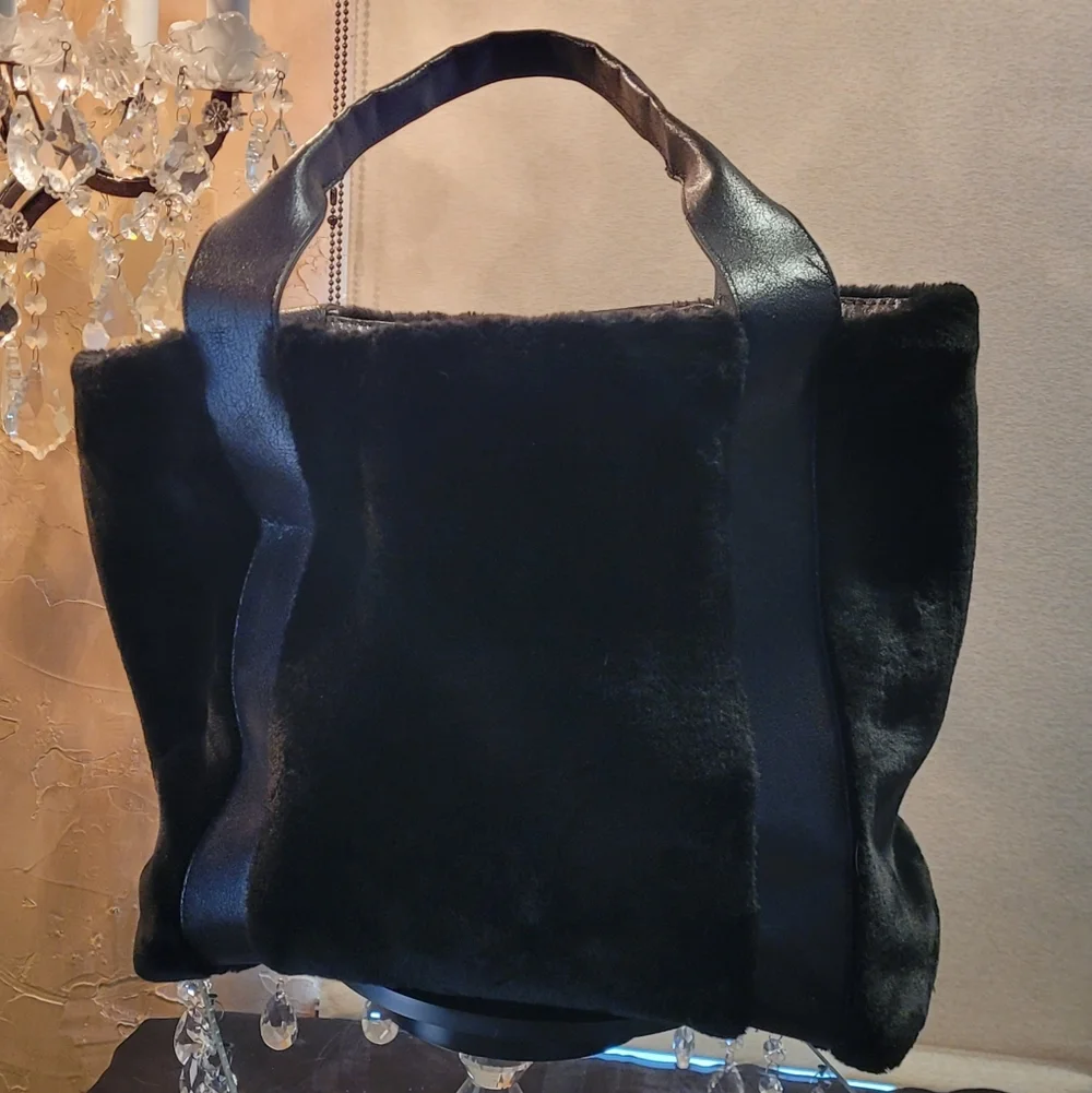 Sondra Roberts Classic Square Black Faux Fur Open Tote Bag + Gunmetal ZipCase